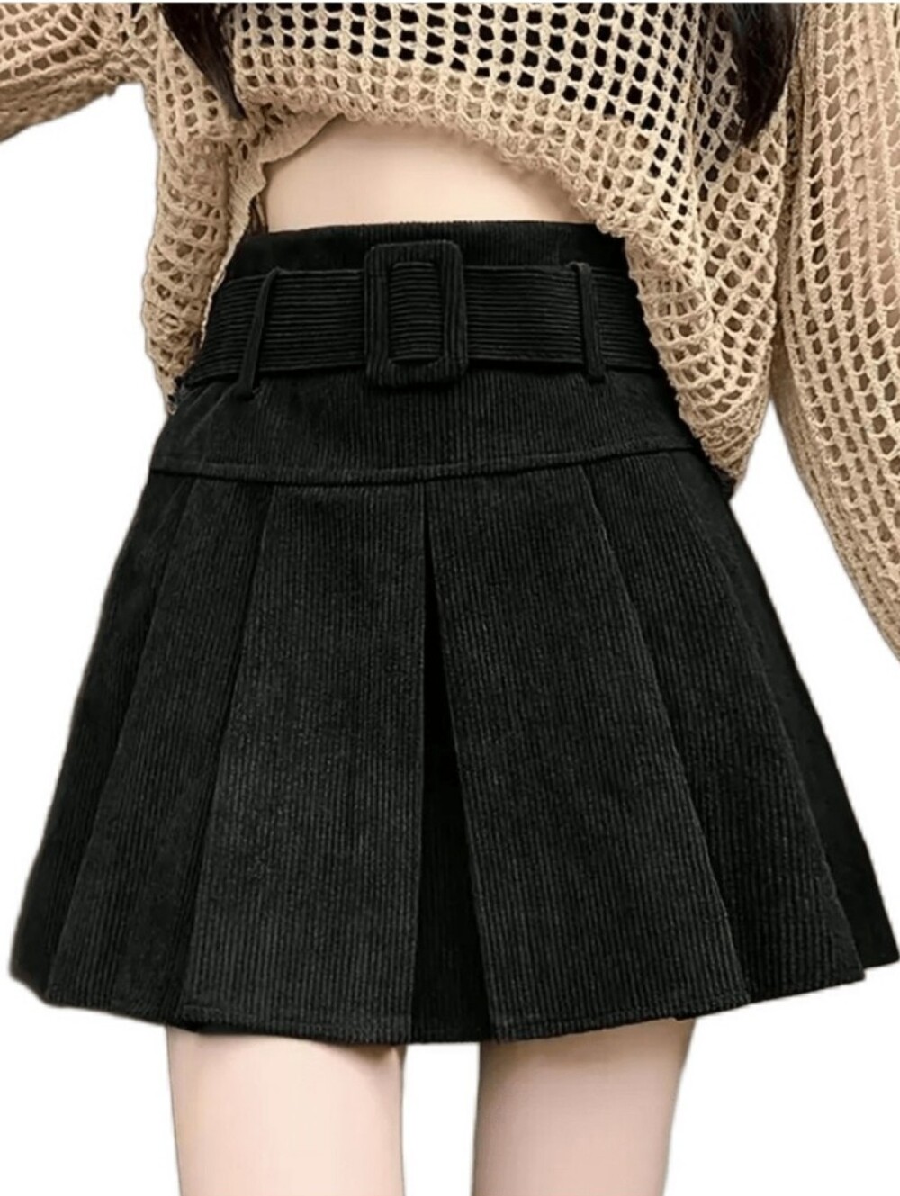 SHEIN High-Rise Black Corduroy Pleated Mini Skirt with Matching Belt